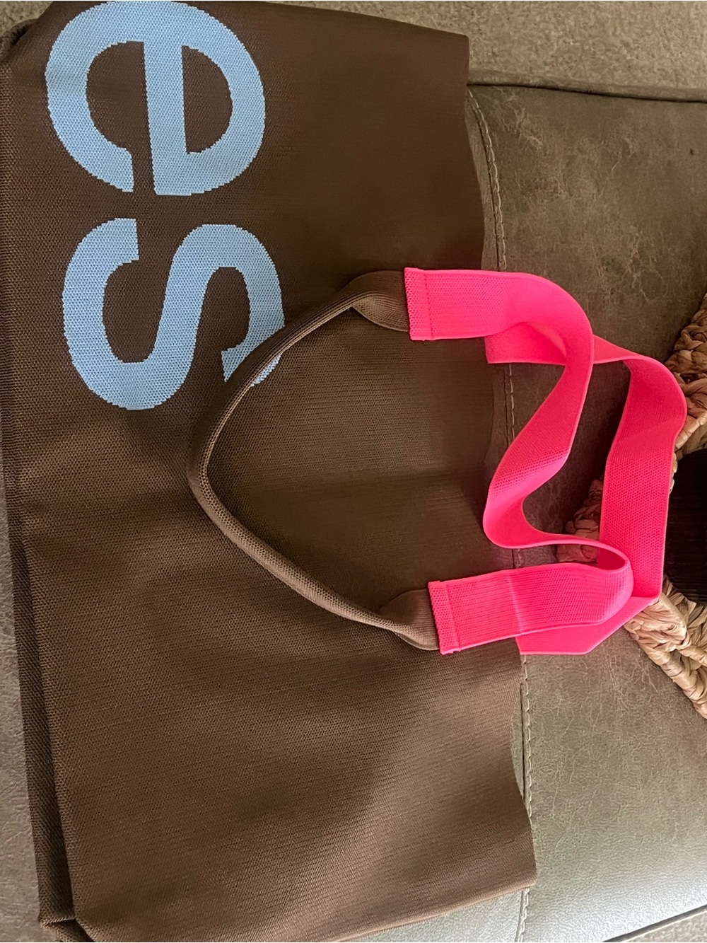 Curve Brown Tote with Neon Pink Handles and Light Blue Logo